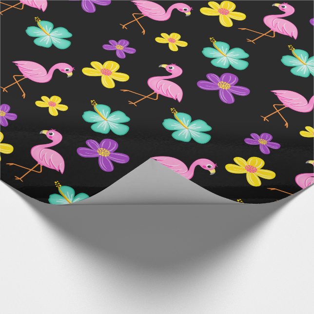 Cute Rosa Flamingos and Flowers Black Presentpapper (Hörn)