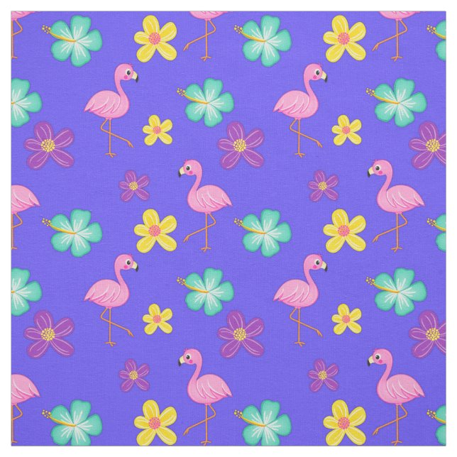 Cute Rosa Flamingos and Flowers Blue Tyg (Provkarta)