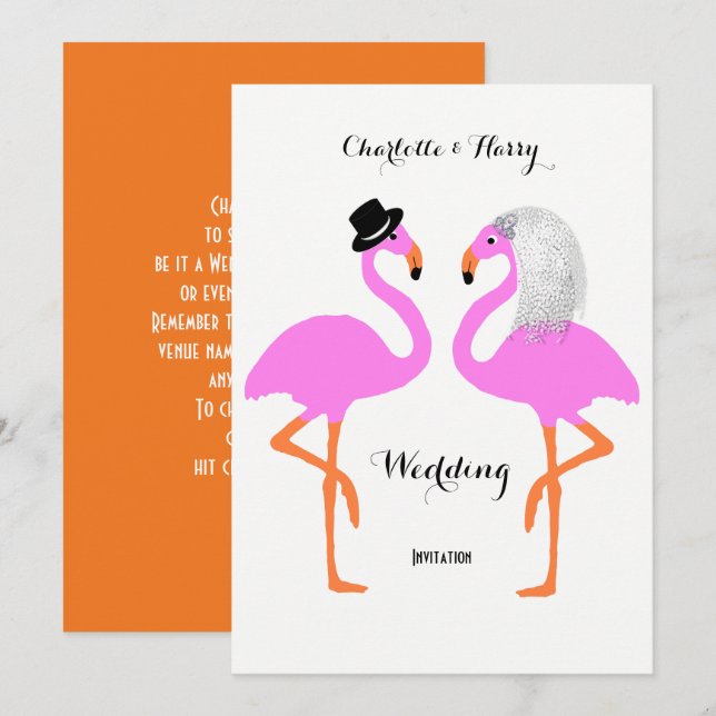 Cute Rosa Flamingos Bride & Groom Bröllop Inbjudningar (Fram/baksida)