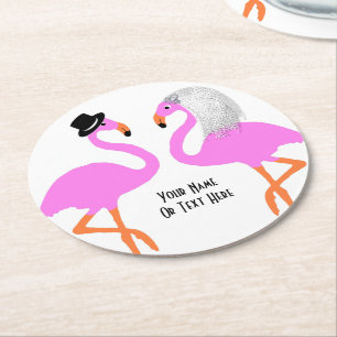 Cute Rosa Flamingos Bride & Groom Bröllop Underlägg Papper Rund