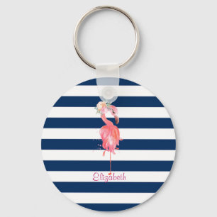 Cute Rosa Flamingos Flower,Stripe Nyckelring