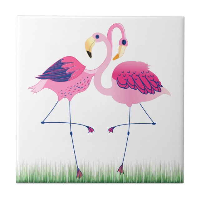 Cute Rosa Flamingos on Grönt Grass Kakelplatta (Framsidan)