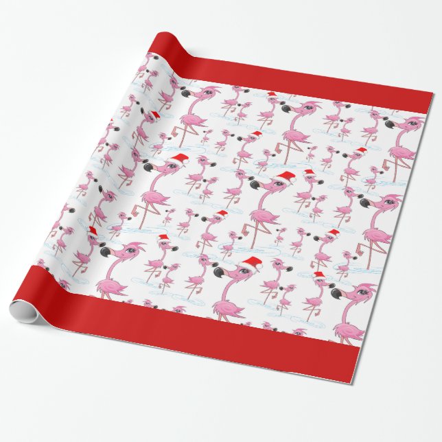 Cute Rosa Flamingos Santa Hat Wrapping Papper Presentpapper (Utrullad)