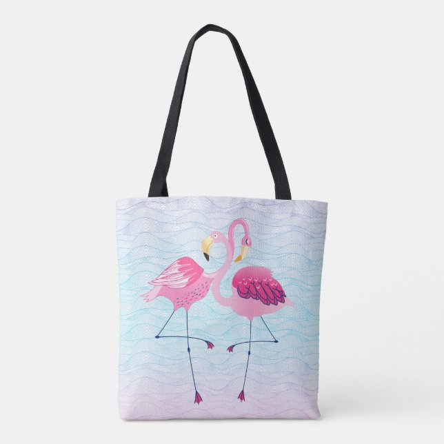 Cute Rosa Flamingos Stylized Vatten Vågar Mönster Tygkasse (Baksida)