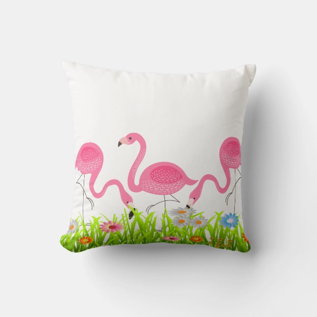 Cute Rosa Flamingos Vår blommor Kudde (Framsida)