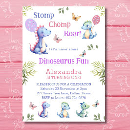 Cute Rosa Flicka Dinosaur 1:a födelsedagen Party Inbjudningar