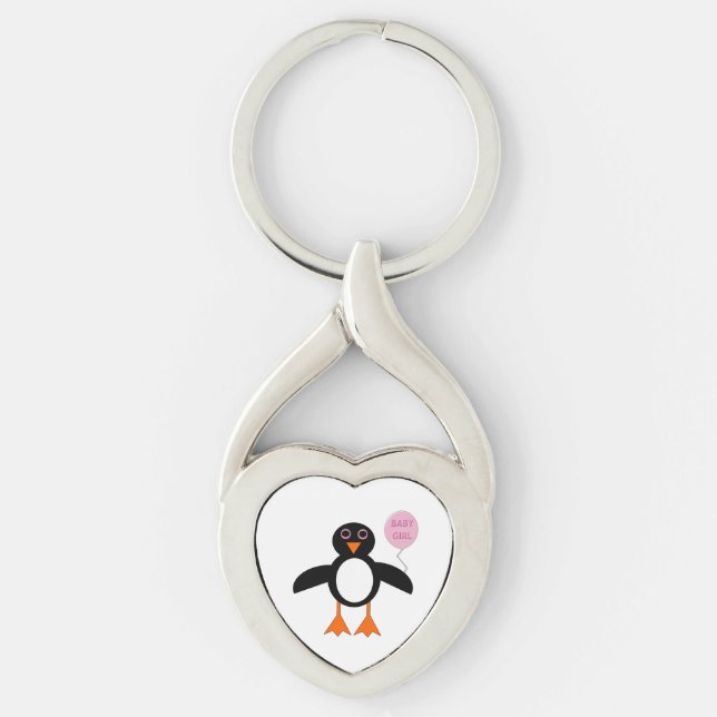 Cute Rosa Flicka Penguin Keychain Twisted Heart Silverfärgad Nyckelring (Framsidan)