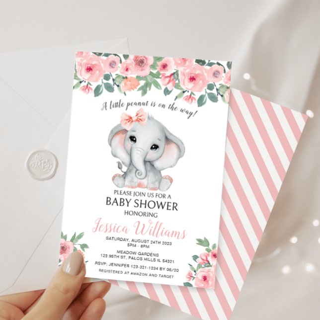 Cute rosa Flickelelefant, liten jordnötsskugga Inbjudningar (Skapare uppladdad)