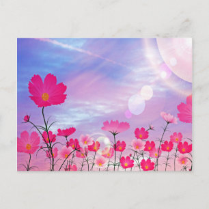 Cute Rosa Flowers Blue Sunny Himlar Bright Blommig Vykort