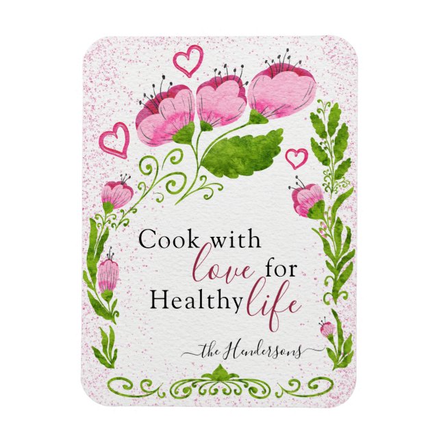 Cute Rosa Flowers Family Namn Motivational Fridge Magnet (Vertikal)