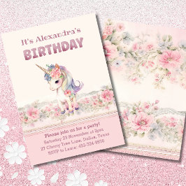 Cute Rosa Flowers Girl Unicorn Birthday Inbjudningar