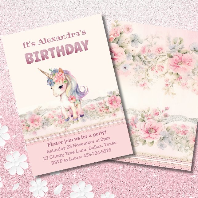 Cute Rosa Flowers Girl Unicorn Birthday Inbjudningar (Skapare uppladdad)