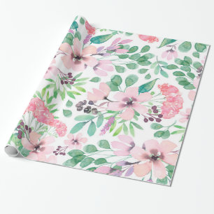 Cute Rosa Flowers Grönt Blad Mönster Presentpapper