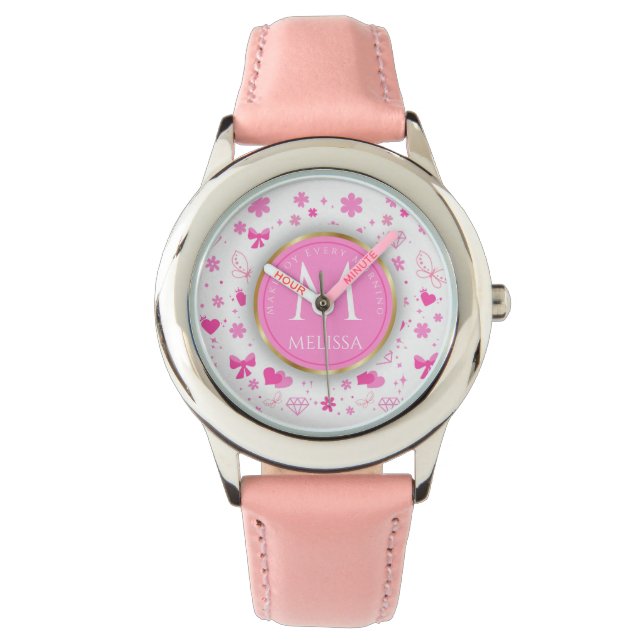 Cute Rosa Flowers Mönster, Girly Blommigt Design Armbandsur (Framsida)