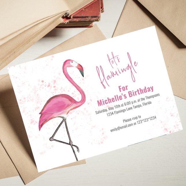 Cute Rosa Födelsedagsfest Låt oss Flamingle Inbjudningar (Let's flamingle cool typography birthday invitation.)