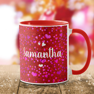 Cute rosa foil-hjärtan glitter monogram namn-skrip mugg