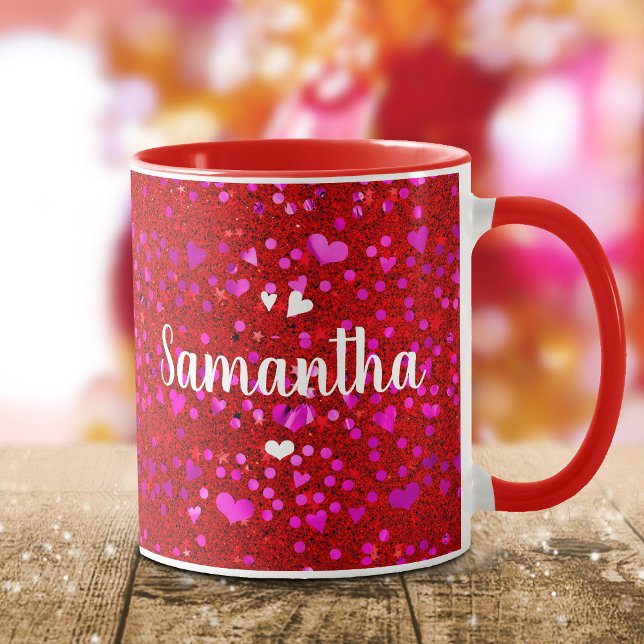 Cute rosa foil-hjärtan glitter monogram namn-skrip mugg (Skapare uppladdad)