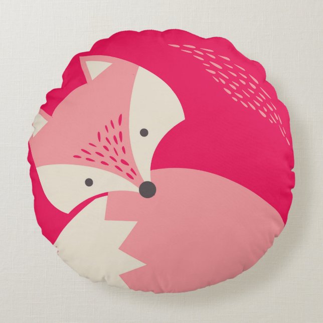 Cute Rosa Fox Tecknad Round Pillow för barn Rund Kudde (Framsidan)