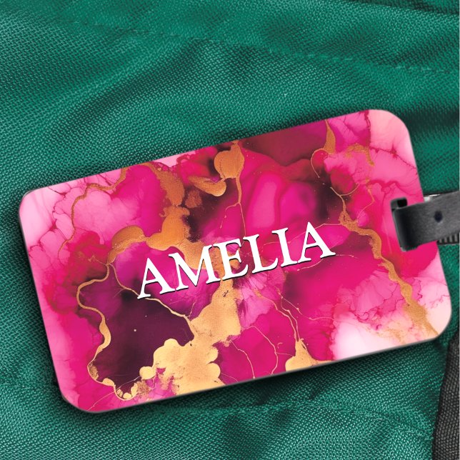 Cute rosa fuchsia faux glitter marble art monogram bagagebricka (Skapare uppladdad)