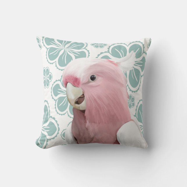 Cute Rosa Galah Cockatoo Parrot Blåa blommor Kudde (Framsida)