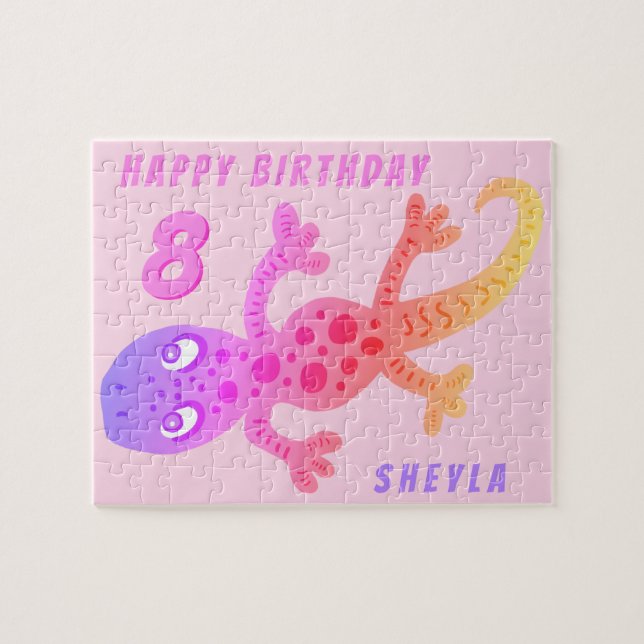 Cute Rosa Gecko Lizard Girl Birthday Jigszle Puzzl Pussel (Horisontell)