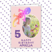 Cute Rosa Gecko Lizard Girls-fotofödelsedagskort