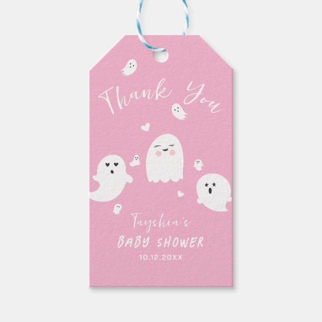 Cute Rosa Ghost Girl Halloween Baby Shower Presentetikett (Framsidan)