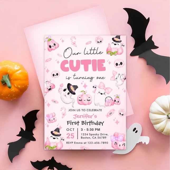Cute Rosa Ghost Halloween 1:a födelsedagen Inbjudningar (Skapare uppladdad)