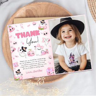 Cute Rosa Ghost Halloween Birthday Photo Tack Kort
