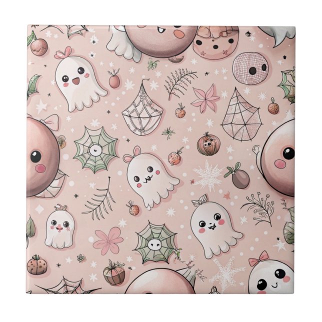 Cute Rosa Ghost och Pastel Halloween utan sömlös Kakelplatta (Framsidan)