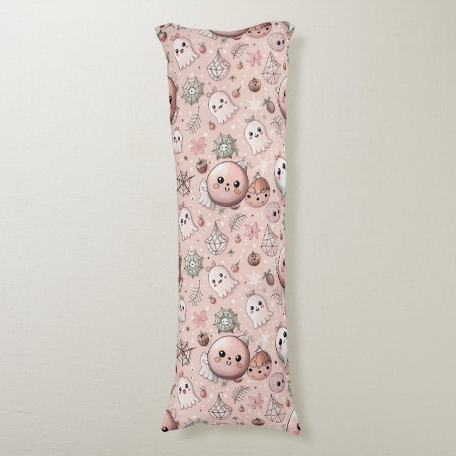 Cute Rosa Ghost och Pastel Halloween utan sömlös Kroppskudde (Framsidan Vertikal)