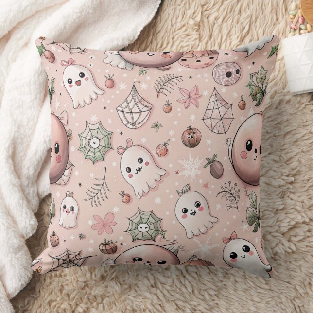 Cute Rosa Ghost och Pastel Halloween utan sömlös Kudde (Filt)