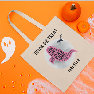 Cute Rosa Ghost Ord Art Halloween Trick Behandlin Tygkasse