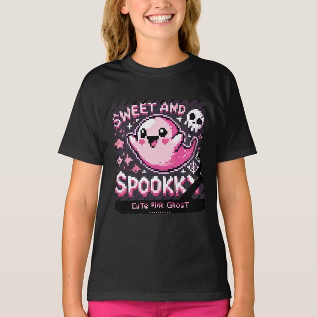 Cute Rosa Ghost: Sweet and Spooky-children girl sh T Shirt (Framsida)