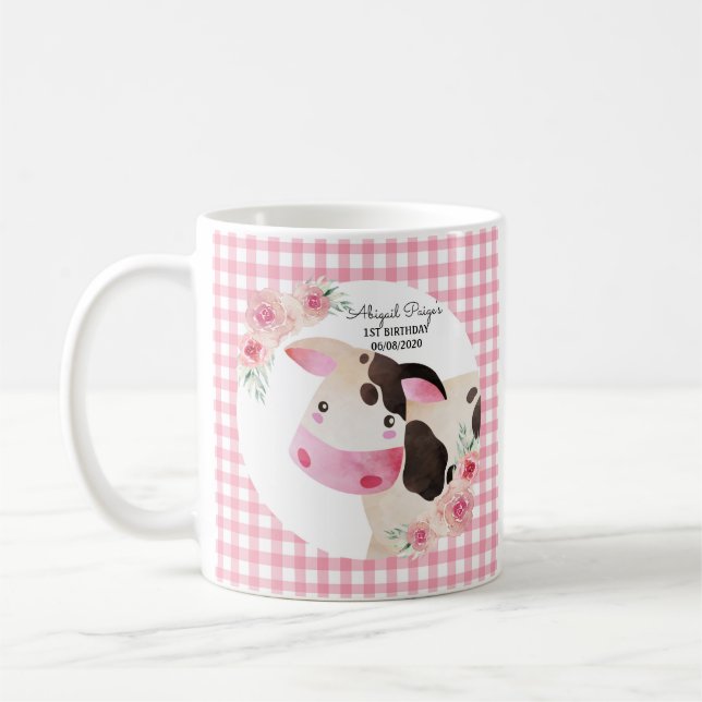 Cute Rosa Gingham Blommigt Cow Farm Animal Kaffemugg (Vänster)