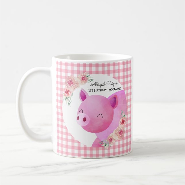 Cute Rosa Gingham Blommigt Gris Farm Animal Barnya Kaffemugg (Vänster)