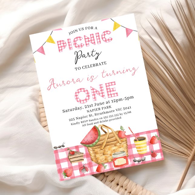 Cute Rosa Gingham Bunting Flagga Picnic 1:a födels Inbjudningar (Girls Picnic Party 1st Birthday Invitation Template, Pink Gingham Picnic 1st Birthday Invitation
)