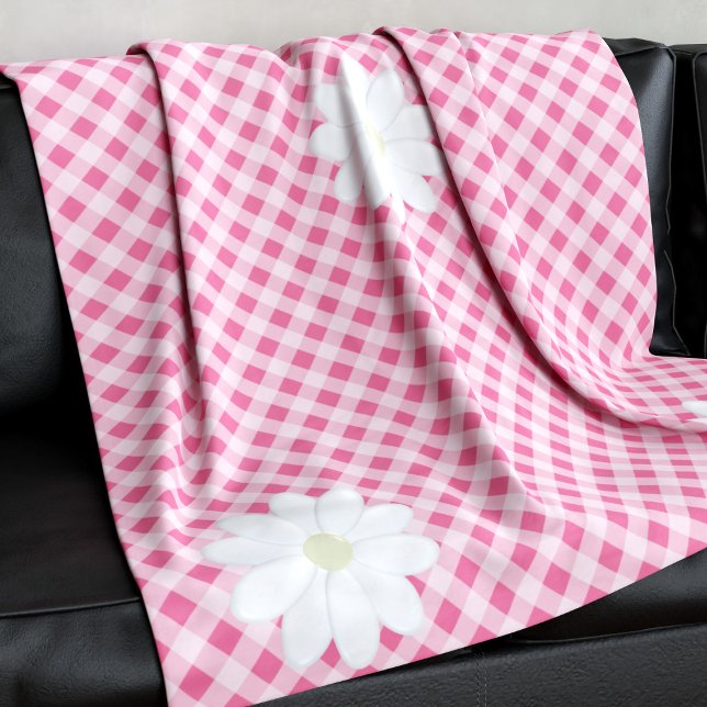 Cute Rosa Gingham Check Mönster Daisy Flower Fleecefilt (A cute pink gingham check fleece blanket with daisy flowers at the corners)