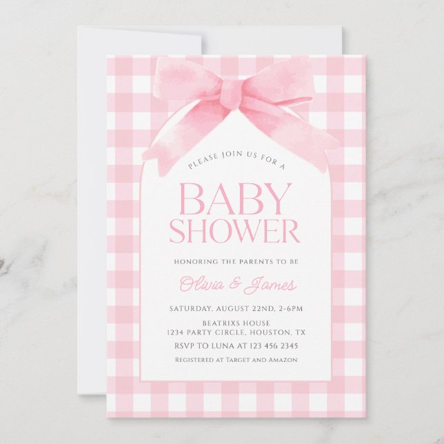 Cute Rosa Gingham med Bow Girl Baby Shower Inbjudningar (Framsida)