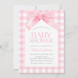 Cute Rosa Gingham med Bow Girl Baby Shower Inbjudningar