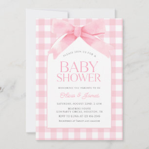 Cute Rosa Gingham med Bow Girl Baby Shower Inbjudningar