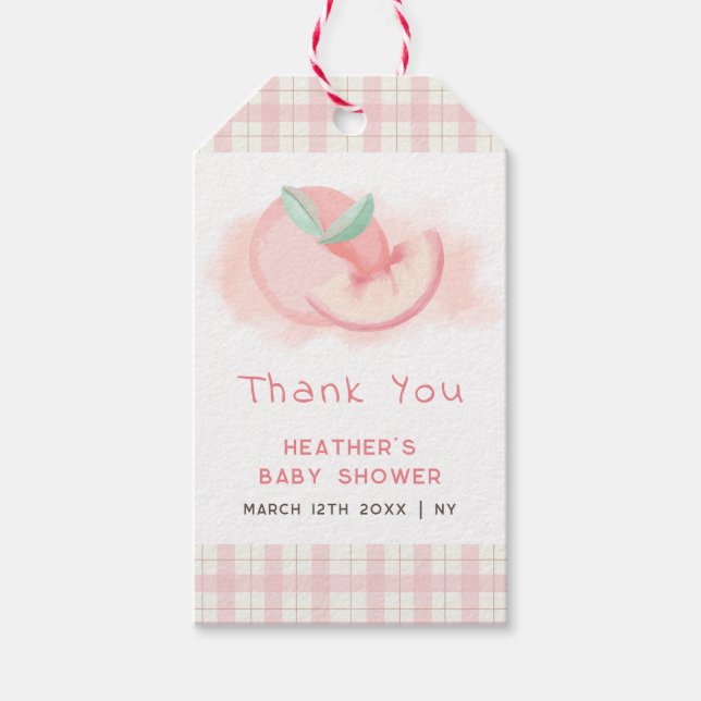 Cute Rosa Gingham Peach Baby Shower Tack Presentetikett (Framsidan)