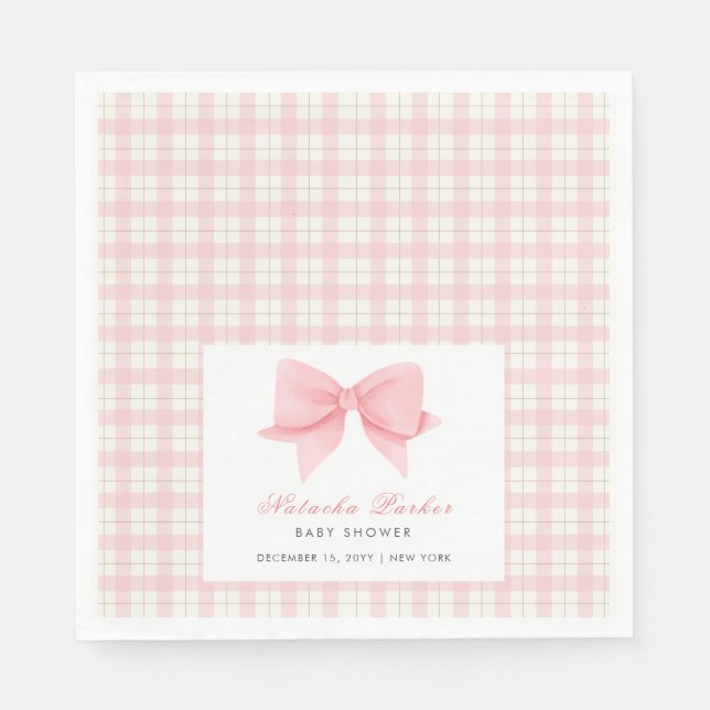 Cute Rosa Gingham Play Bow Girl Baby Shower Pappersservett (Framsidan)
