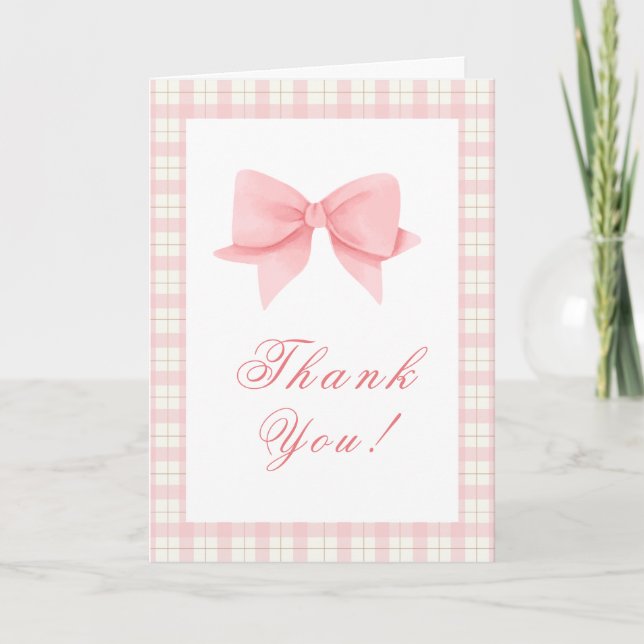 Cute Rosa Gingham Play Bow Girl Baby Shower Tack Kort (Framsida)