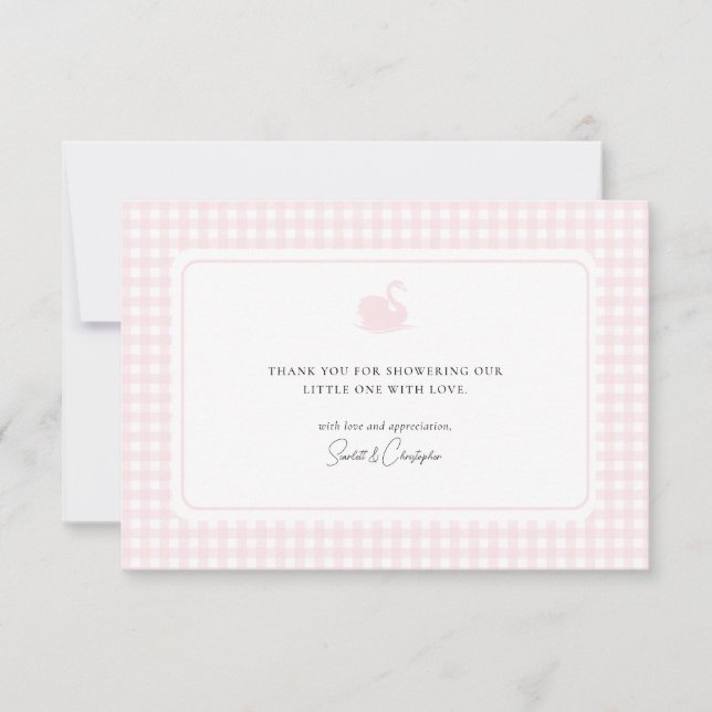 Cute Rosa Gingham Svan Baby Shower Tack för ditt k Kort (Framsida)