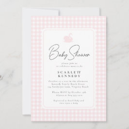 Cute Rosa Gingham Svan Simple Baby Shower Inbjudningar
