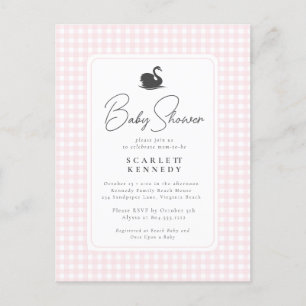 Cute Rosa Gingham Svan Simple Baby Shower Vykort