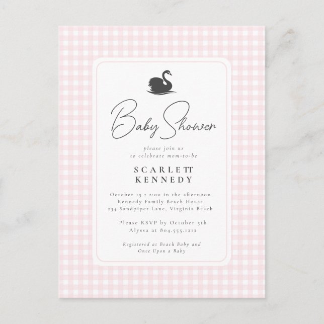 Cute Rosa Gingham Svan Simple Baby Shower Vykort (Framsida)