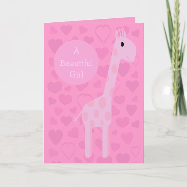 Cute Rosa Giraffe & Hearts Nyfödd bebis Girl Kort (Framsida)