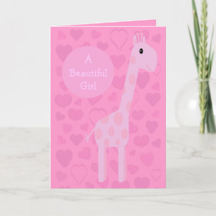 Cute Rosa Giraffe & Hearts Nyfödd bebis Girl Kort